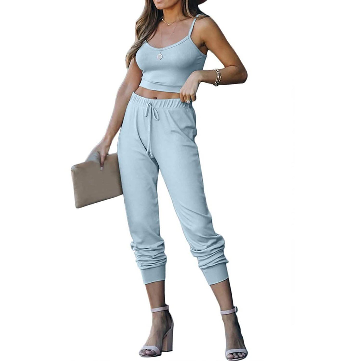 2-teilig: Damen Freizeit-Outfit Geripptes Spaghettiträger-Top Knöchellange Jogger-Sets