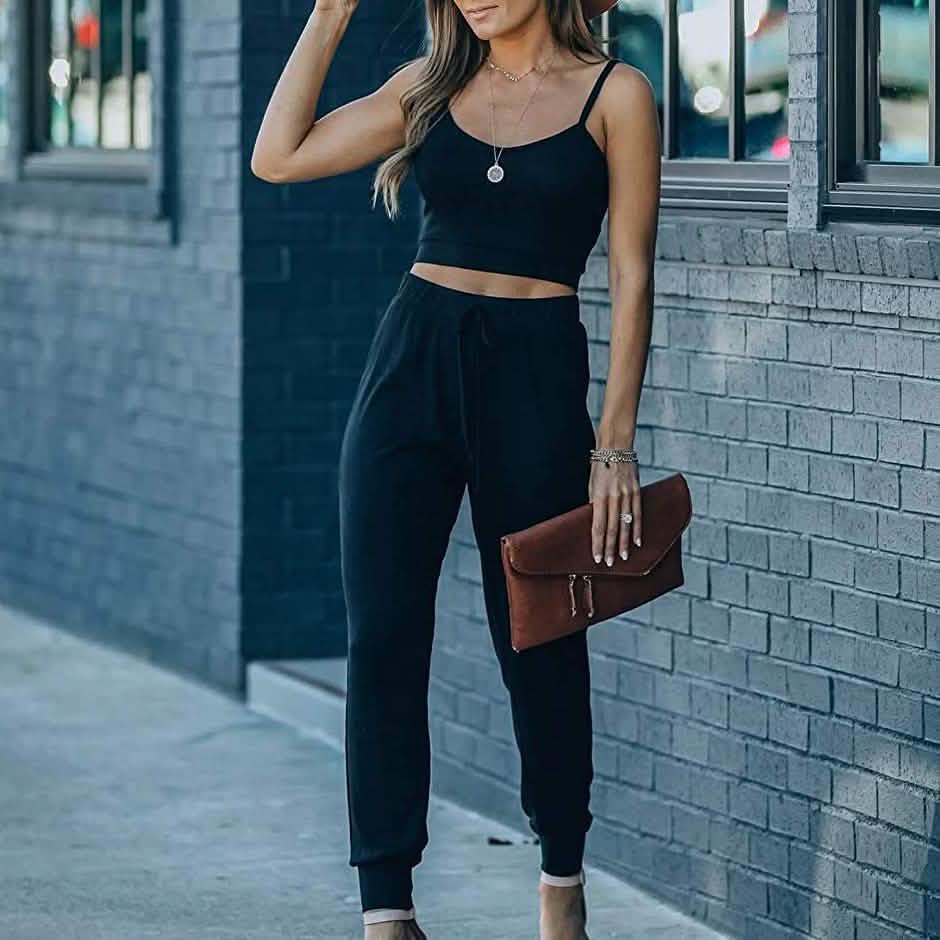 2-teilig: Damen Freizeit-Outfit Geripptes Spaghettiträger-Top Knöchellange Jogger-Sets