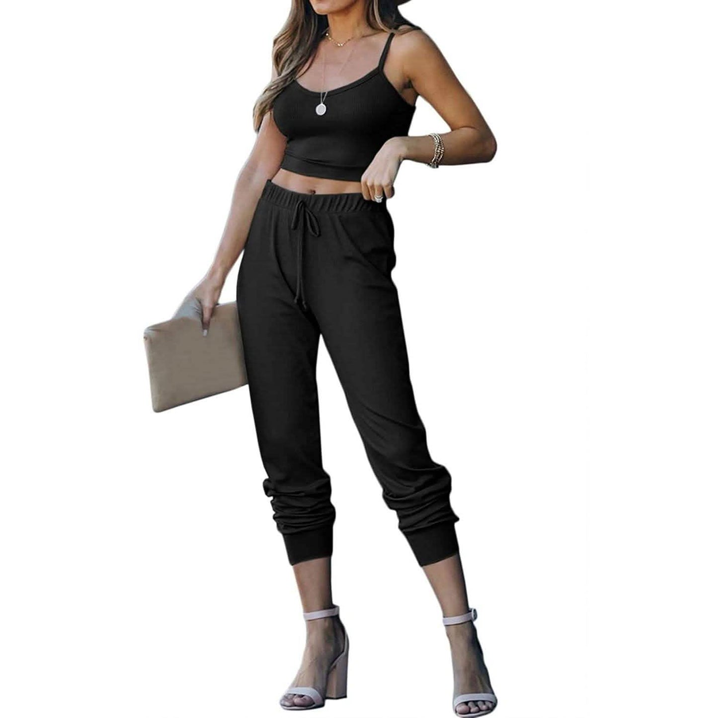 2-teilig: Damen Freizeit-Outfit Geripptes Spaghettiträger-Top Knöchellange Jogger-Sets