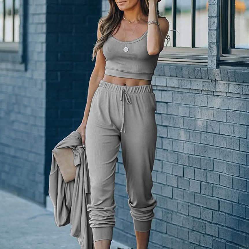 2-teilig: Damen Freizeit-Outfit Geripptes Spaghettiträger-Top Knöchellange Jogger-Sets