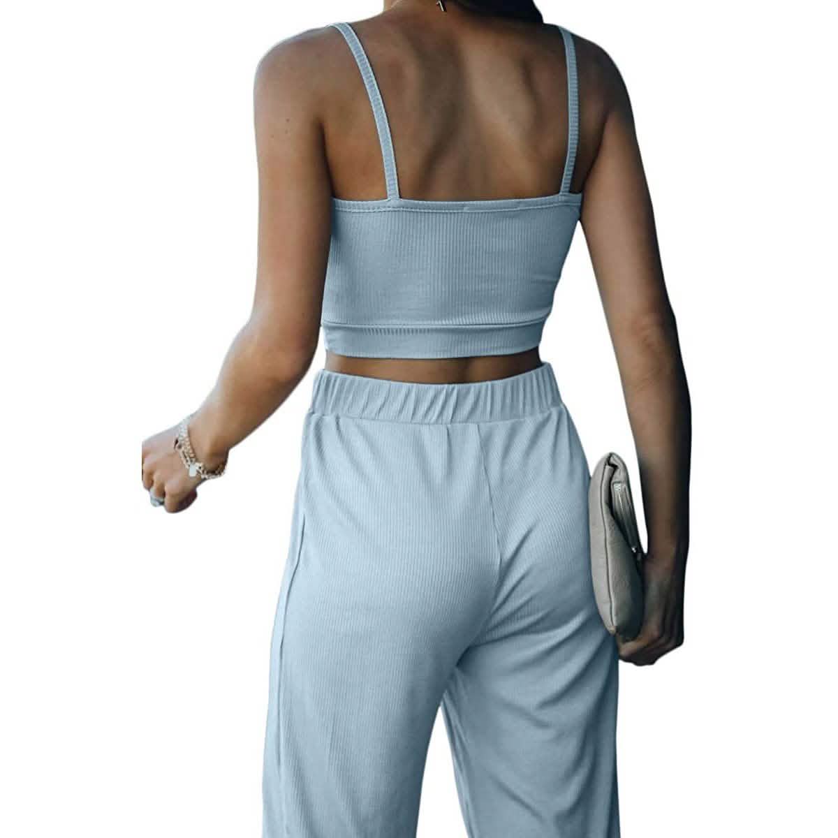 2-teilig: Damen Freizeit-Outfit Geripptes Spaghettiträger-Top Knöchellange Jogger-Sets