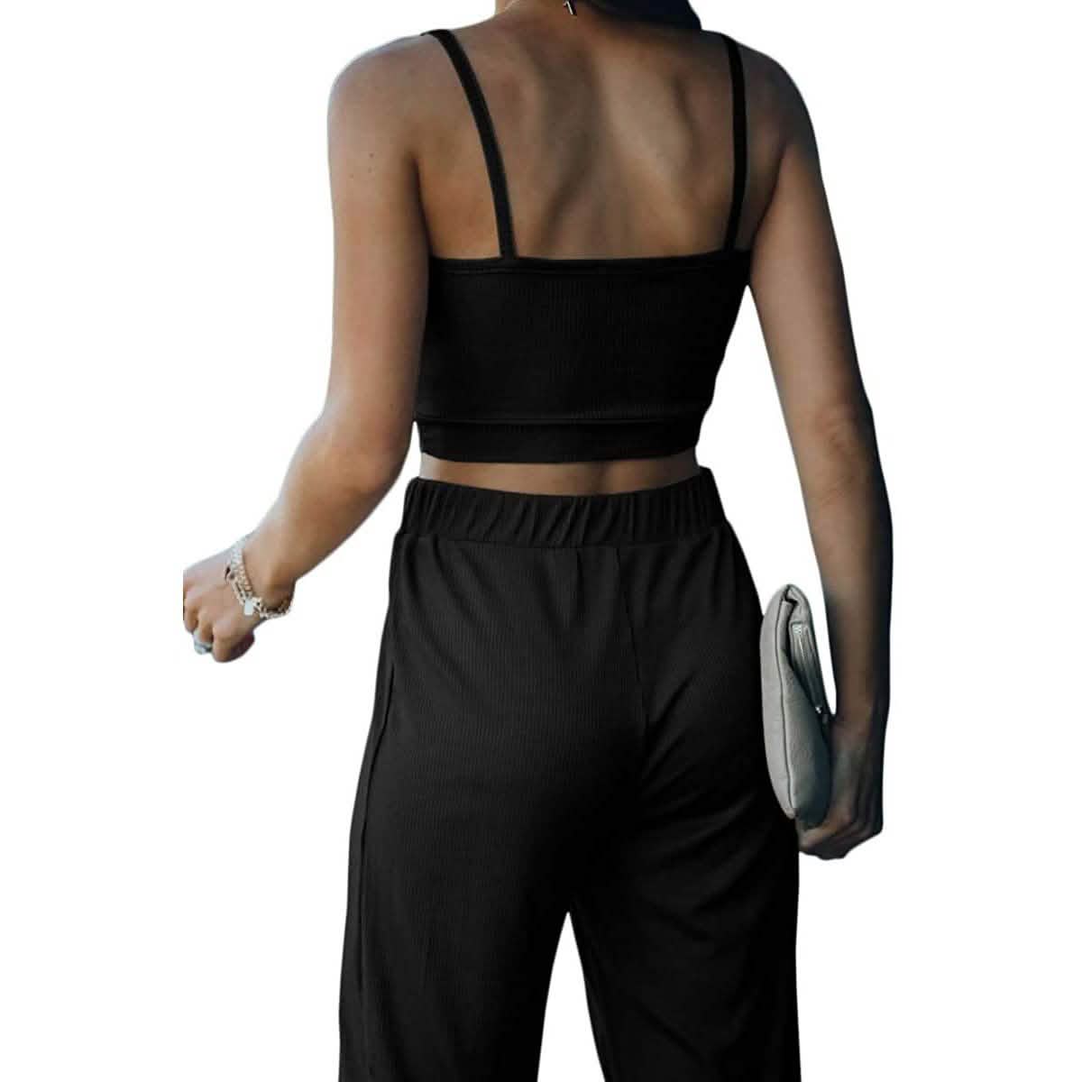 2-teilig: Damen Freizeit-Outfit Geripptes Spaghettiträger-Top Knöchellange Jogger-Sets