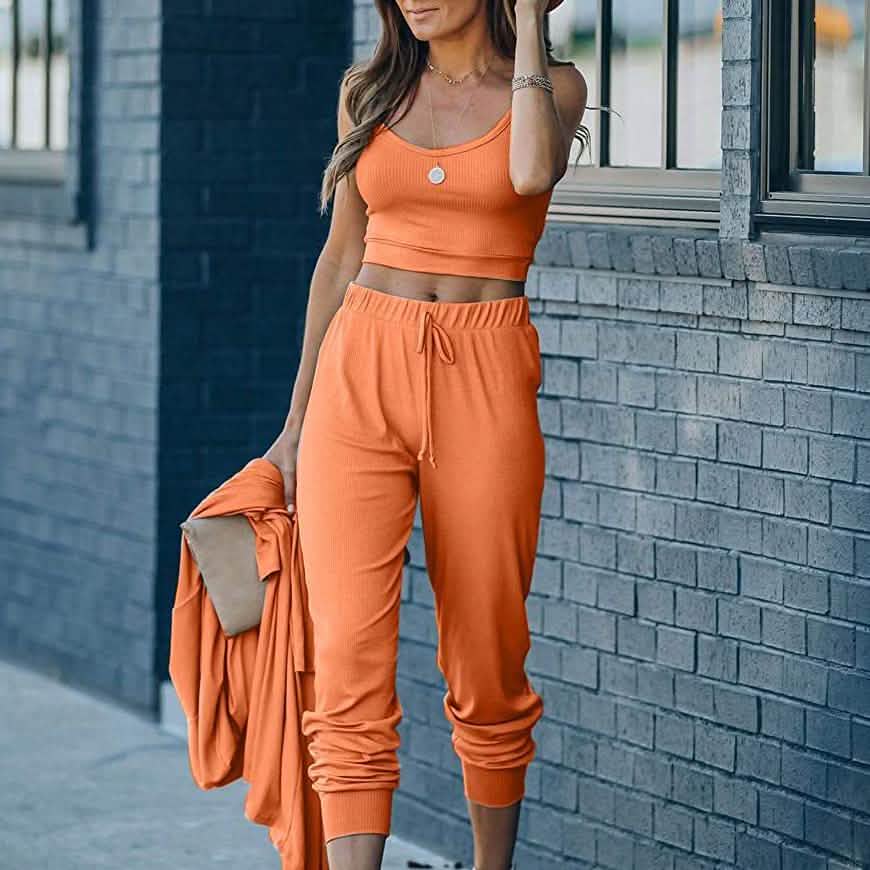 2-teilig: Damen Freizeit-Outfit Geripptes Spaghettiträger-Top Knöchellange Jogger-Sets