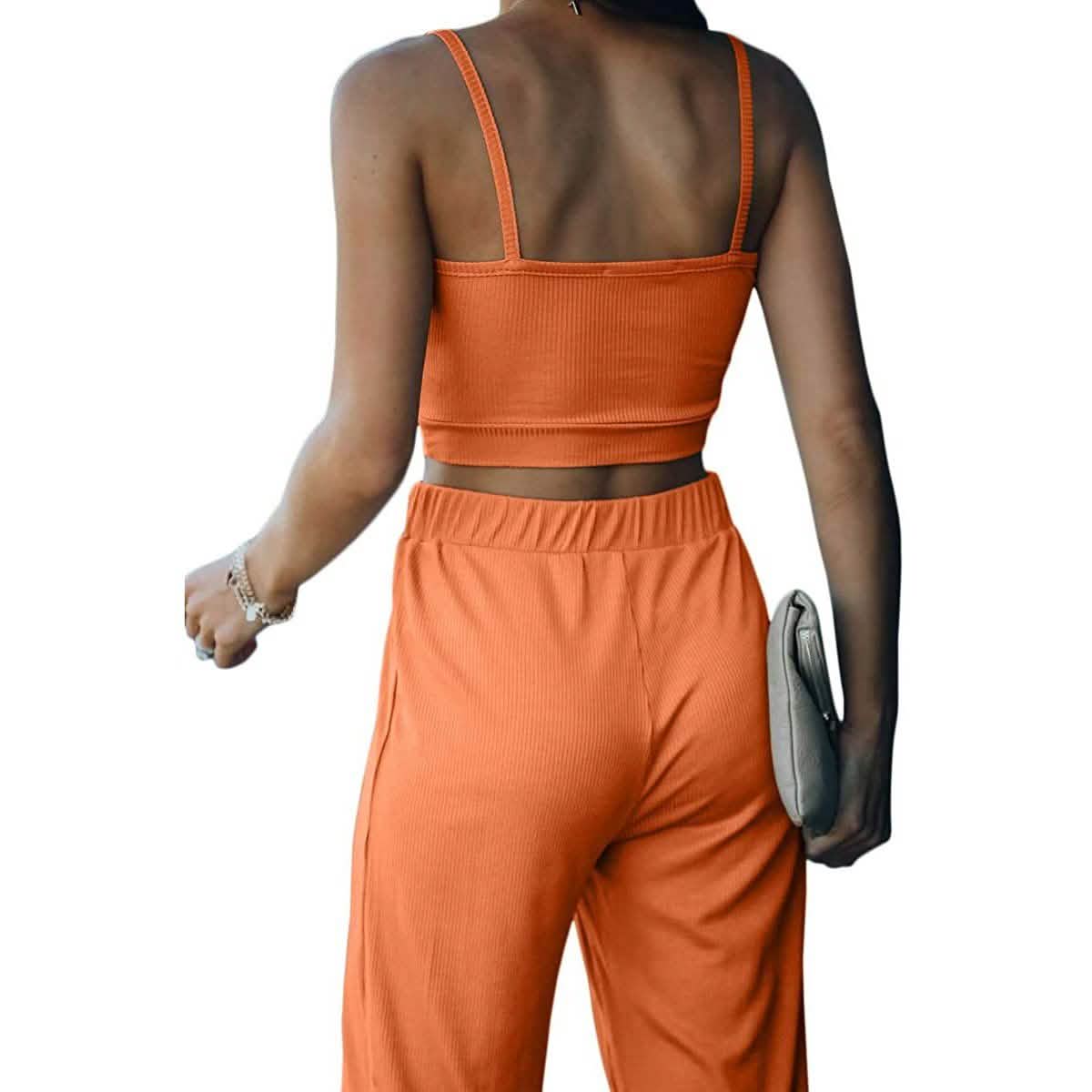 2-teilig: Damen Freizeit-Outfit Geripptes Spaghettiträger-Top Knöchellange Jogger-Sets