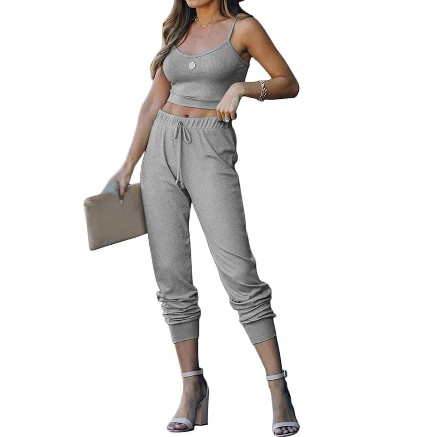 2-teilig: Damen Freizeit-Outfit Geripptes Spaghettiträger-Top Knöchellange Jogger-Sets
