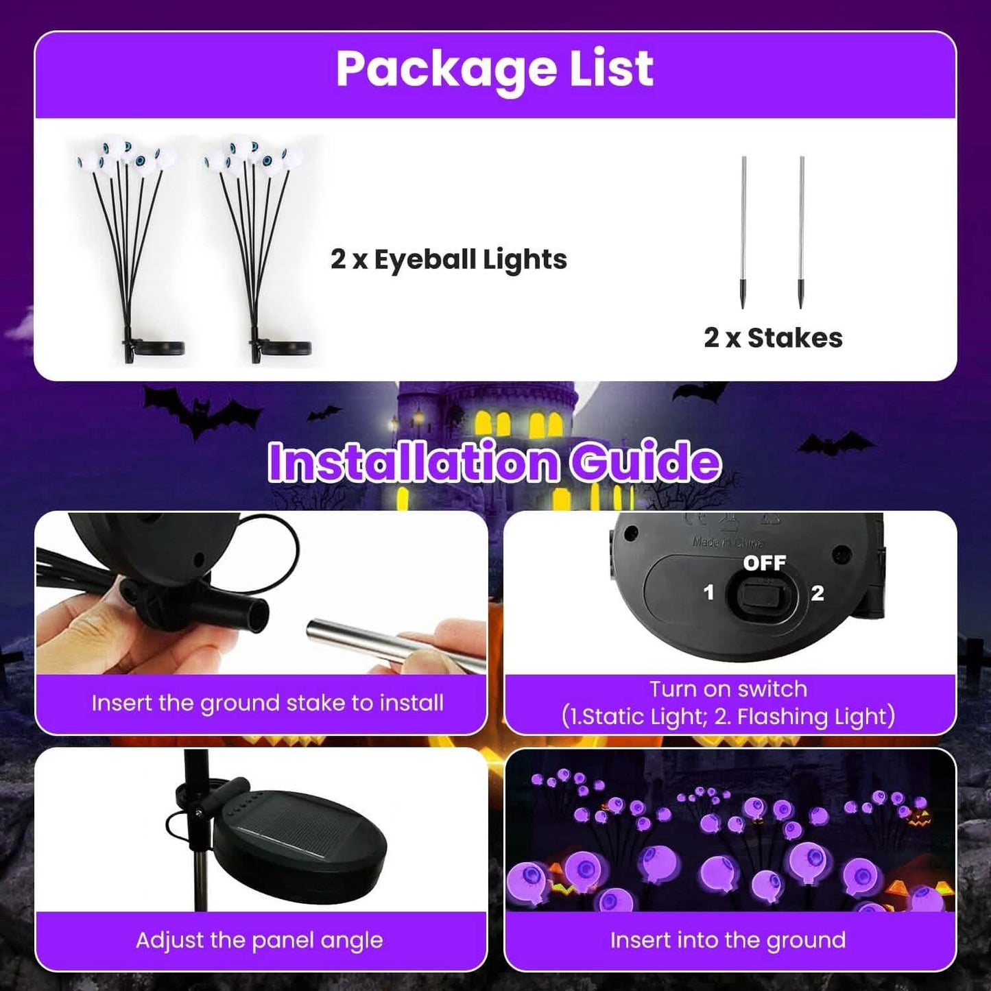 2 Stück: Solar Gruselaugen Lichter Halloween Deko Wackelndes Licht