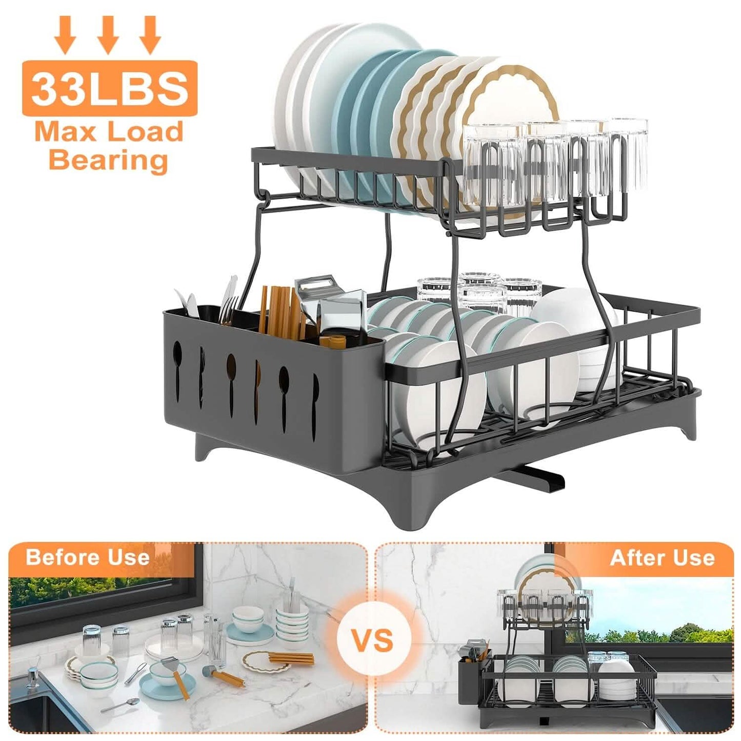 2-stufiges Geschirrabtropfgestell-Organizer-Set mit Besteckhalter und schwenkbarem Ausgießer
