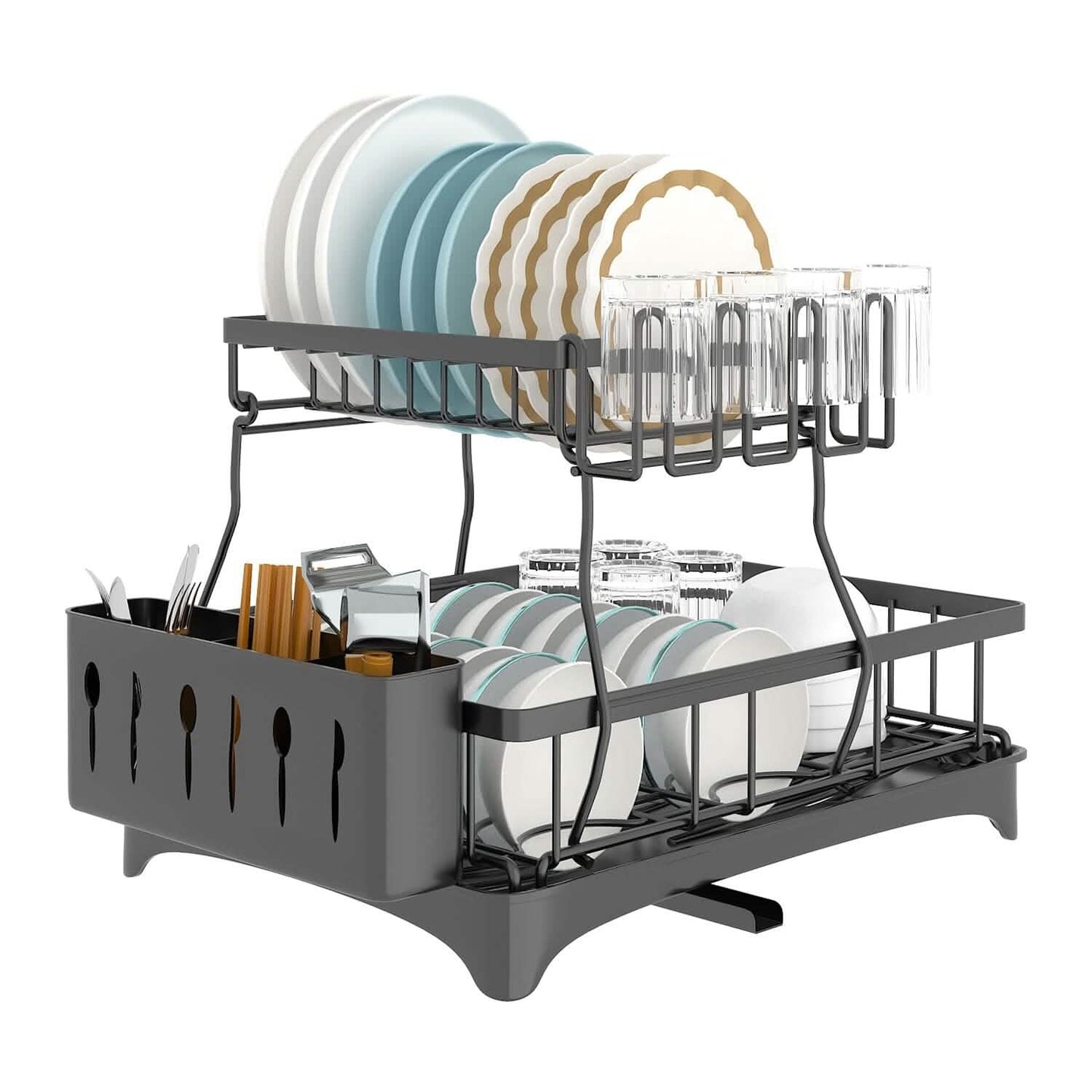 2-stufiges Geschirrabtropfgestell-Organizer-Set mit Besteckhalter und schwenkbarem Ausgießer