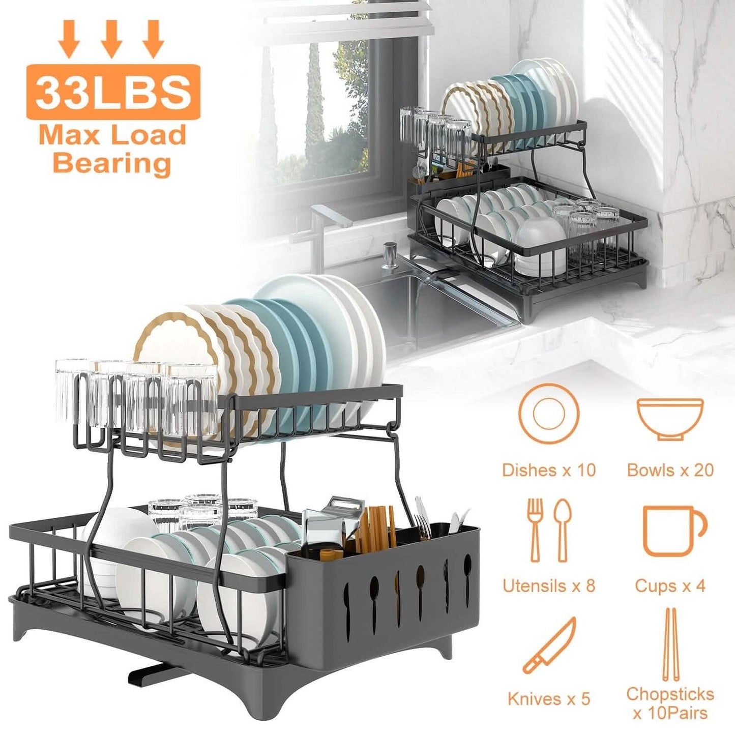 2-stufiges Geschirrabtropfgestell-Organizer-Set mit Besteckhalter und schwenkbarem Ausgießer