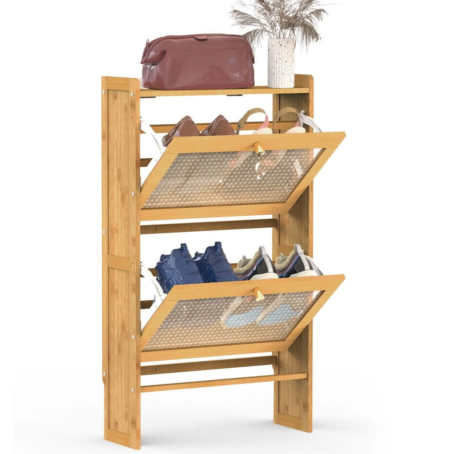2-stöckiger Schuhschrank mit 2 aufklappbaren Schubladen, schmales Bambusregal, schmaler Schuh-Organizer