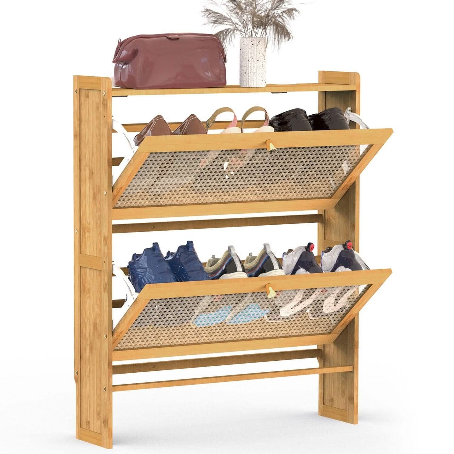2-stöckiger Schuhschrank mit 2 aufklappbaren Schubladen, schmales Bambusregal, schmaler Schuh-Organizer