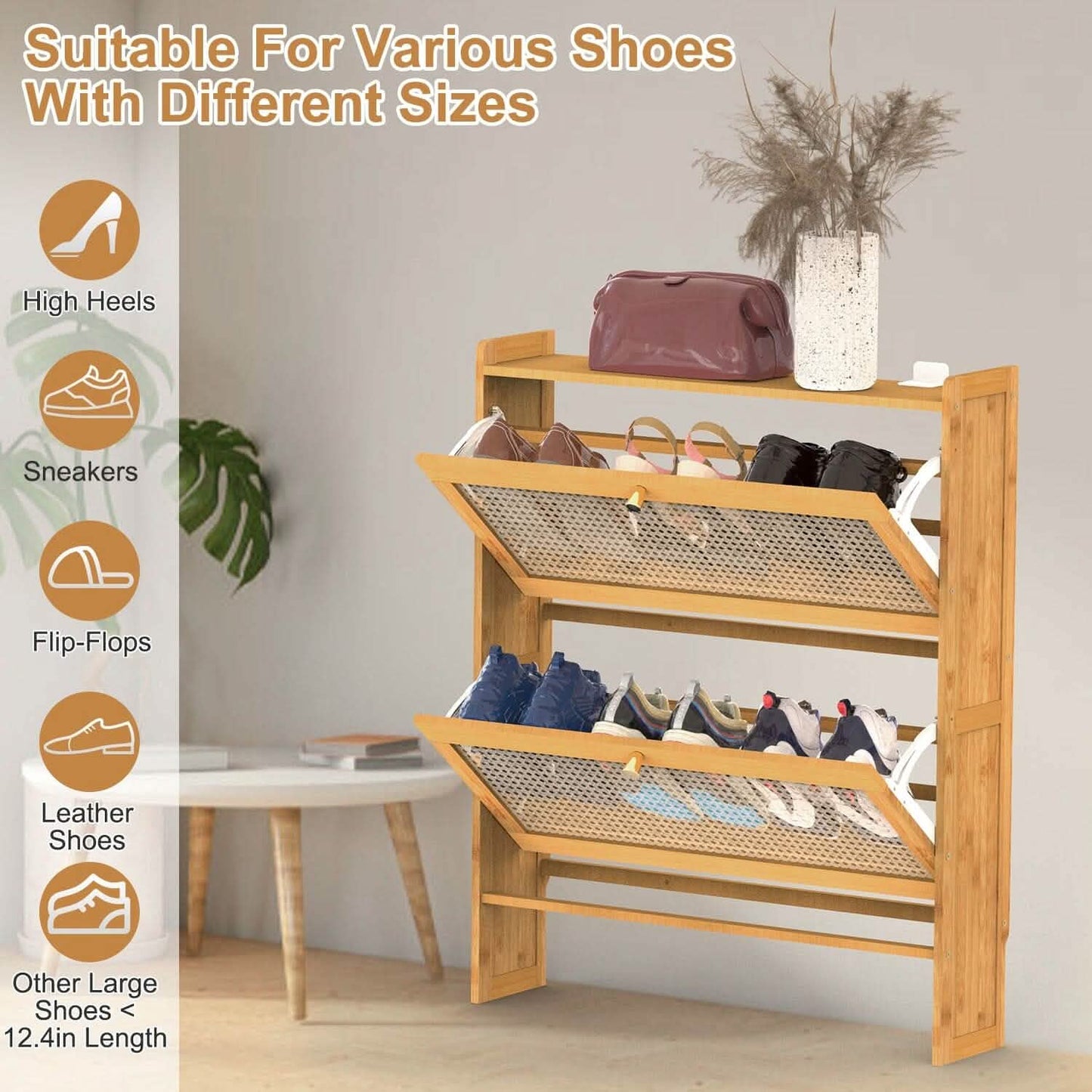 2-stöckiger Schuhschrank mit 2 aufklappbaren Schubladen, schmales Bambusregal, schmaler Schuh-Organizer