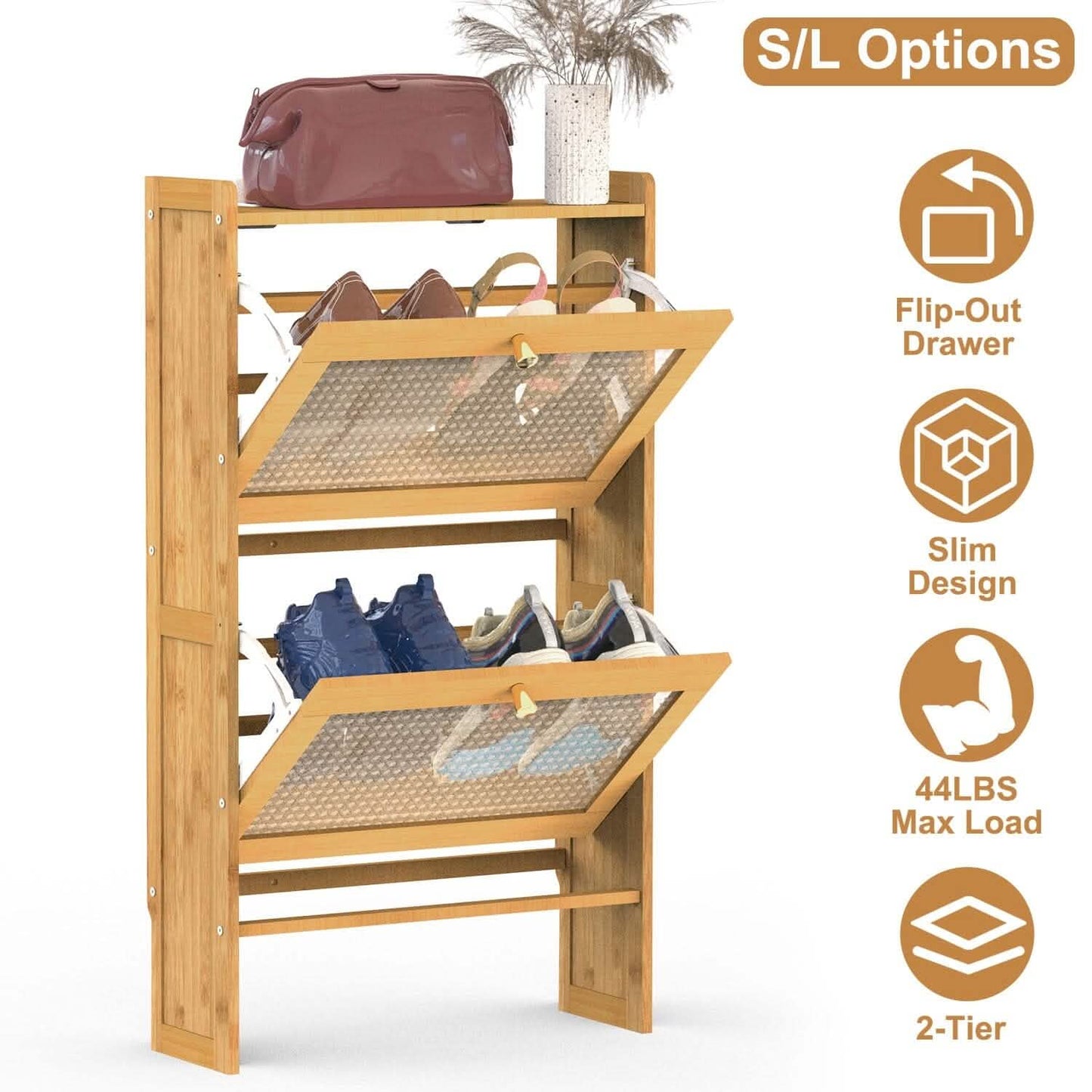 2-stöckiger Schuhschrank mit 2 aufklappbaren Schubladen, schmales Bambusregal, schmaler Schuh-Organizer