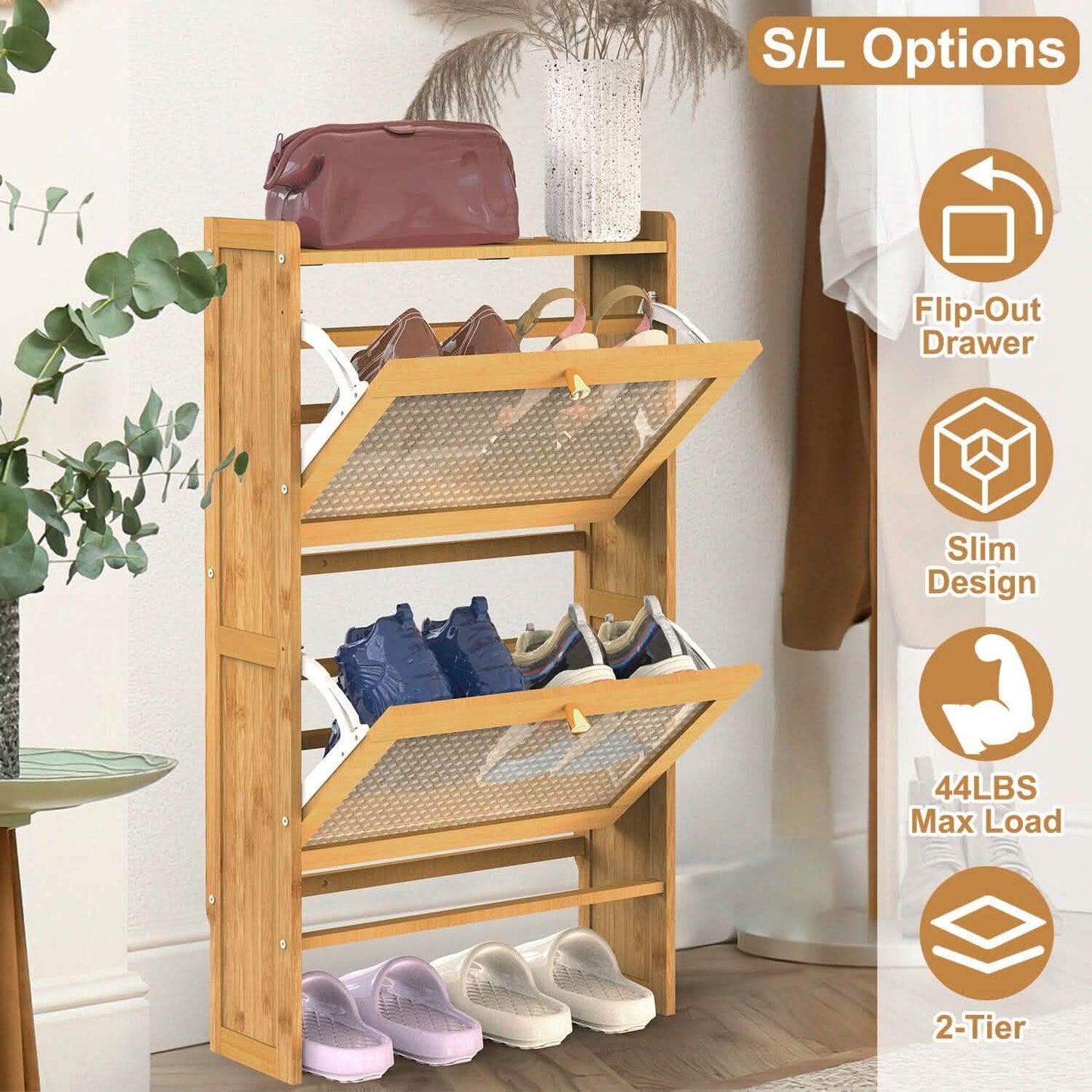 2-stöckiger Schuhschrank mit 2 aufklappbaren Schubladen, schmales Bambusregal, schmaler Schuh-Organizer