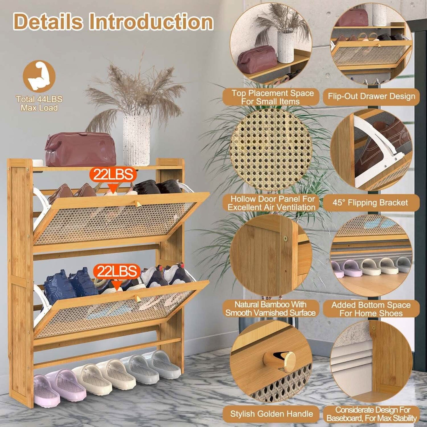 2-stöckiger Schuhschrank mit 2 aufklappbaren Schubladen, schmales Bambusregal, schmaler Schuh-Organizer