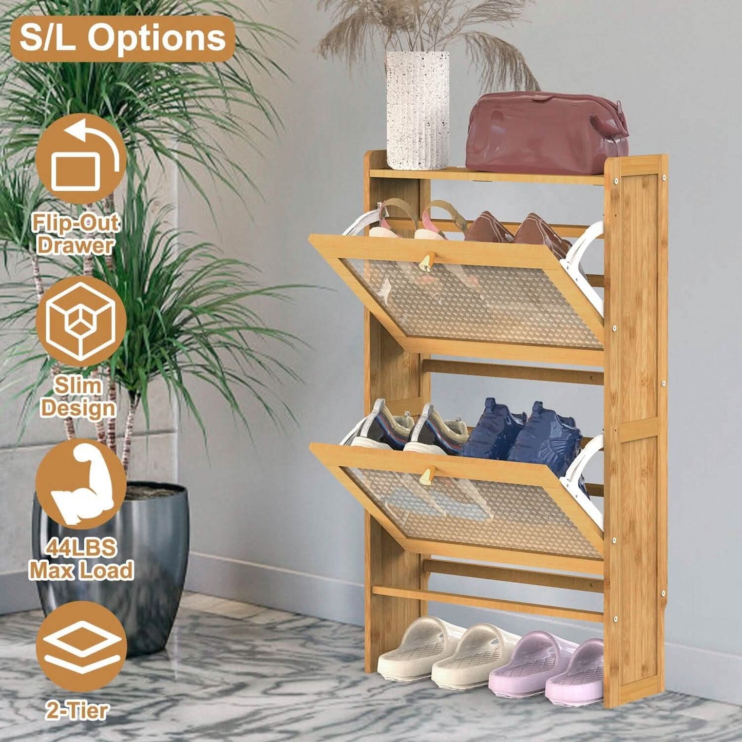 2-stöckiger Schuhschrank mit 2 aufklappbaren Schubladen, schmales Bambusregal, schmaler Schuh-Organizer