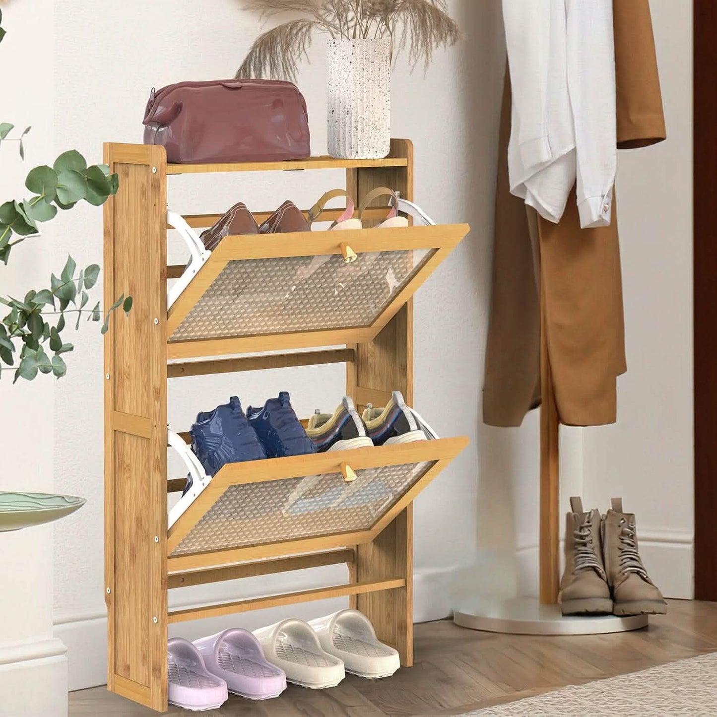 2-stöckiger Schuhschrank mit 2 aufklappbaren Schubladen, schmales Bambusregal, schmaler Schuh-Organizer