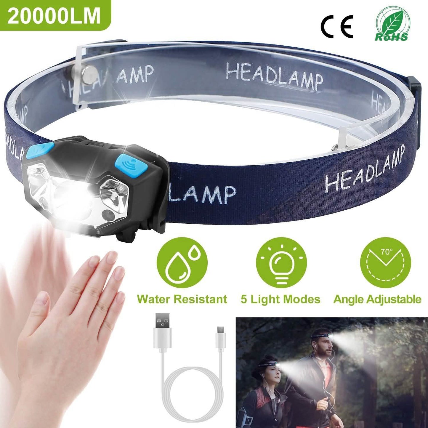 20000LM LED-Stirnlampe USB wiederaufladbar Wellenbewegungssensor-Scheinwerfer