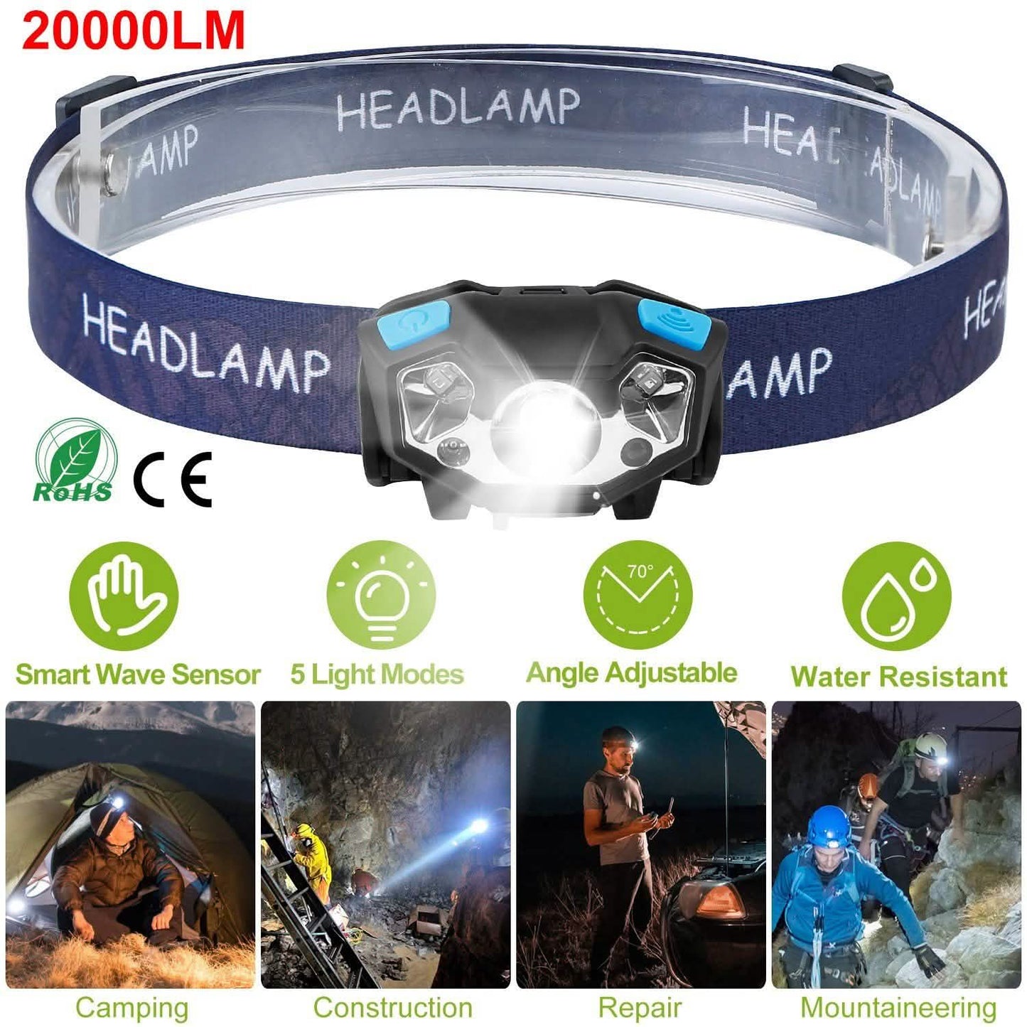 20000LM LED-Stirnlampe USB wiederaufladbar Wellenbewegungssensor-Scheinwerfer