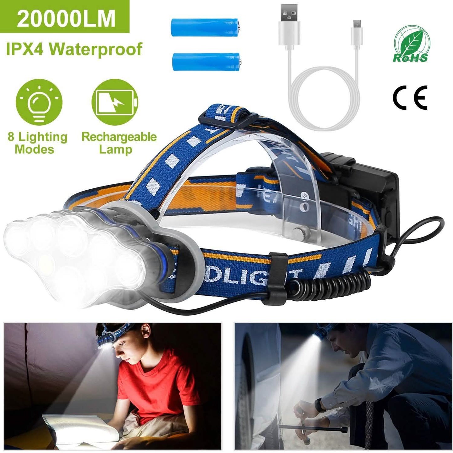20000LM Wiederaufladbare LED-Stirnlampe mit 8 Leuchtmodi
