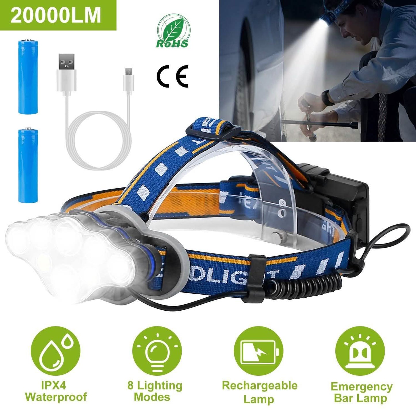 20000LM Wiederaufladbare LED-Stirnlampe mit 8 Leuchtmodi