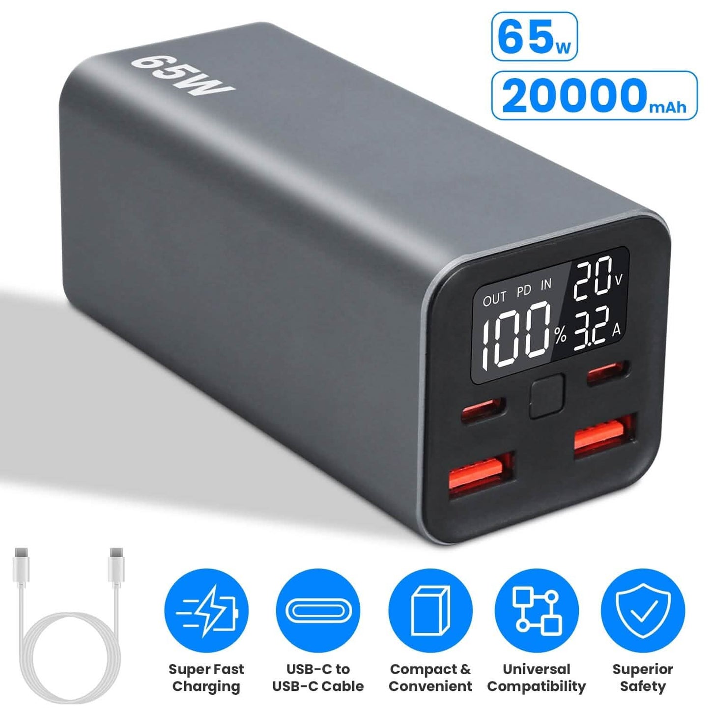 20000mAh 65W USB-C PD Laptop Powerbank Schnellladen