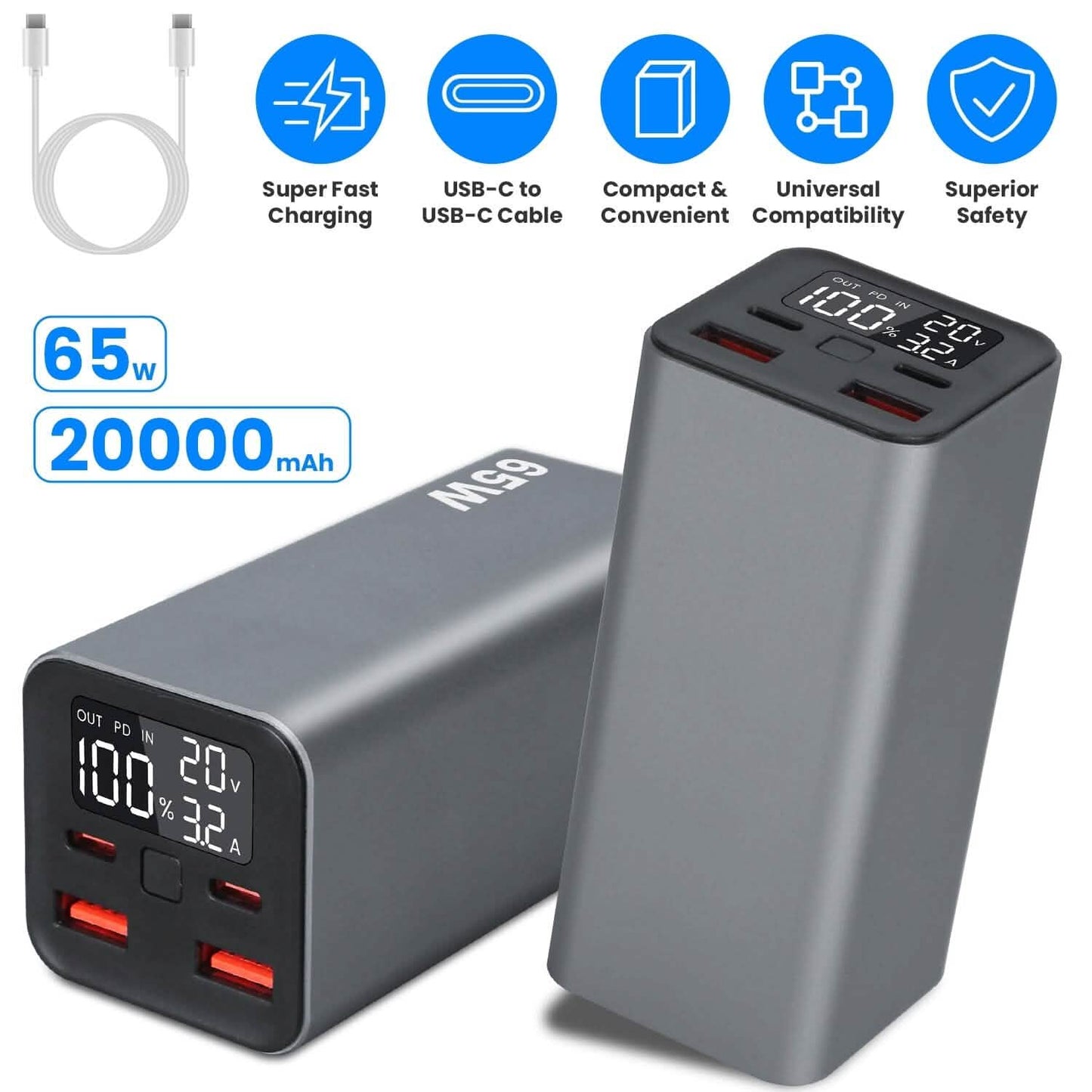 20000mAh 65W USB-C PD Laptop Powerbank Schnellladen