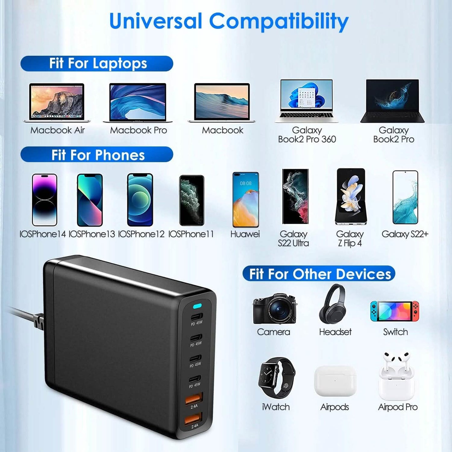 200W Schnellladegerät mit 6 Ladeanschlüssen Desktop USB-Ladestation
