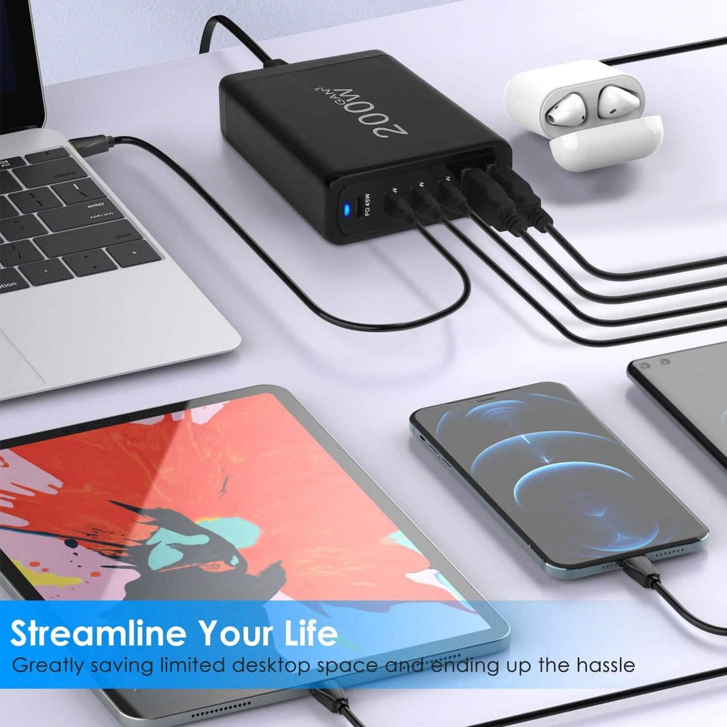 200W Schnellladegerät mit 6 Ladeanschlüssen Desktop USB-Ladestation