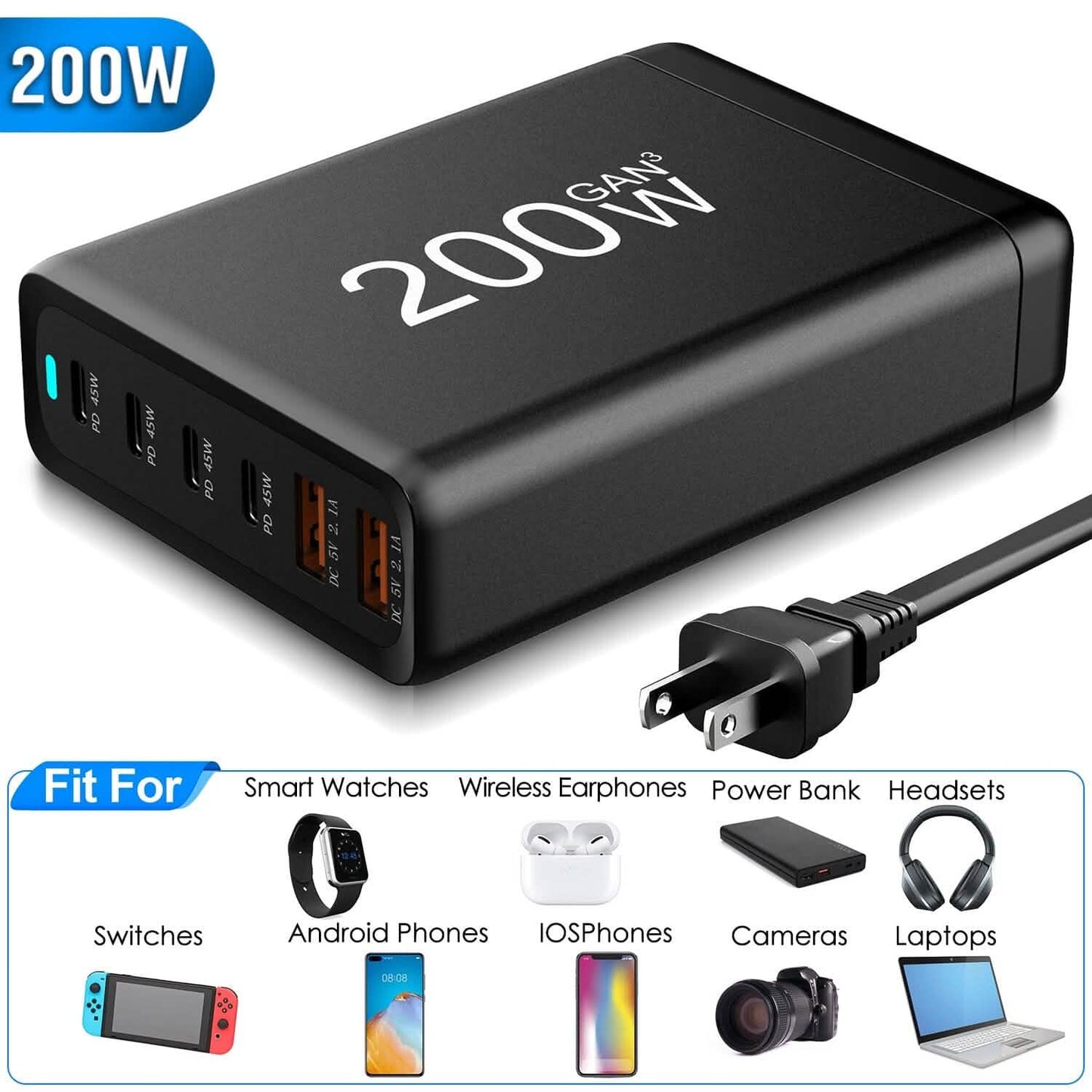 200W Schnellladegerät mit 6 Ladeanschlüssen Desktop USB-Ladestation