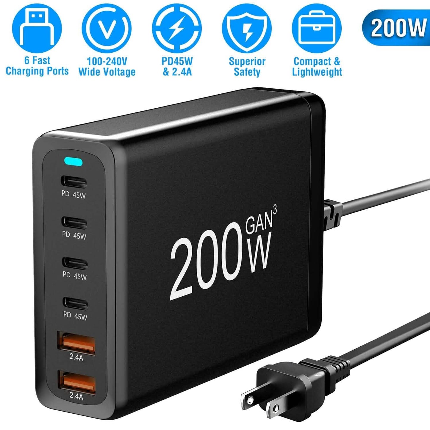 200W Schnellladegerät mit 6 Ladeanschlüssen Desktop USB-Ladestation