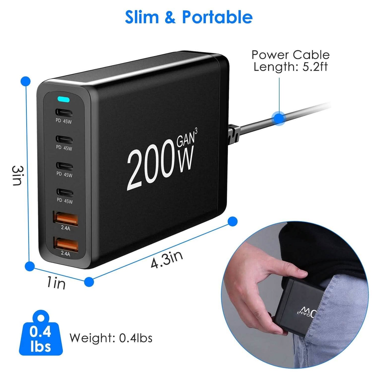 200W Schnellladegerät mit 6 Ladeanschlüssen Desktop USB-Ladestation