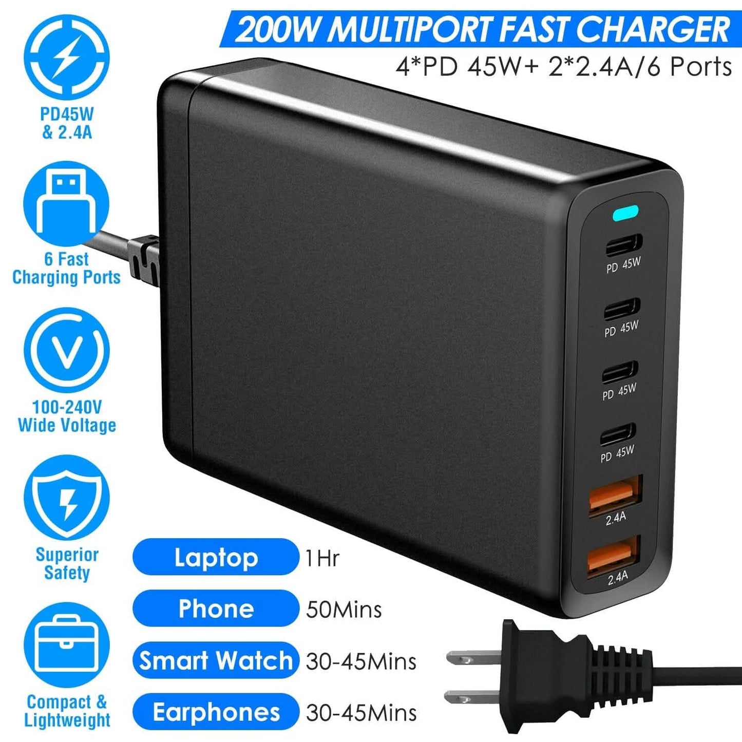 200W Schnellladegerät mit 6 Ladeanschlüssen Desktop USB-Ladestation