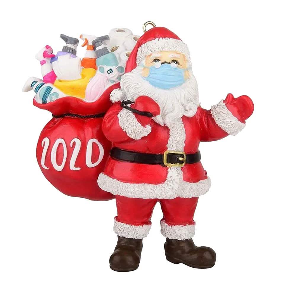 2020 Quarantäne Überlebender Weihnachtsmann Weihnachtsbaumschmuck mit Maske und allen wichtigen Utensilien