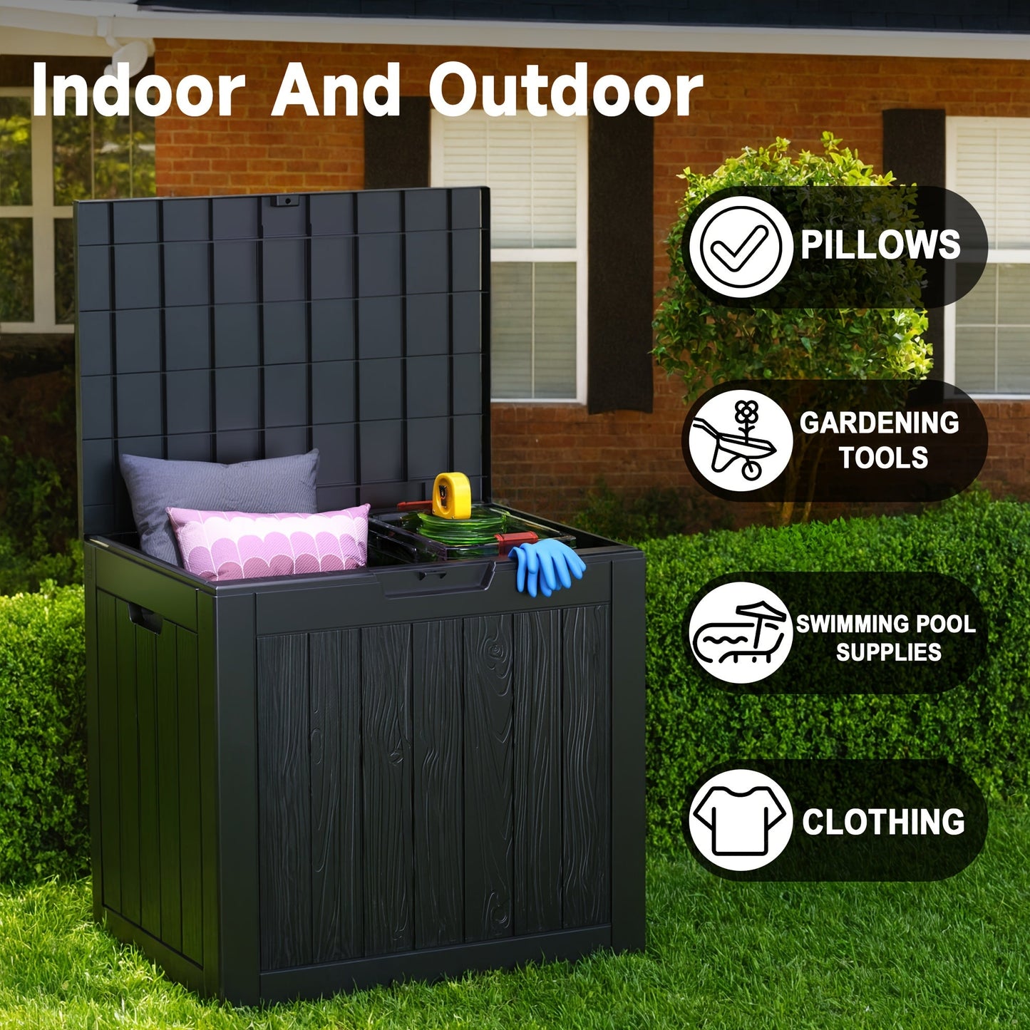35 Gallonen Outdoor-Aufbewahrungsbox aus Kunstharz – Schwarz/Holzmaserung