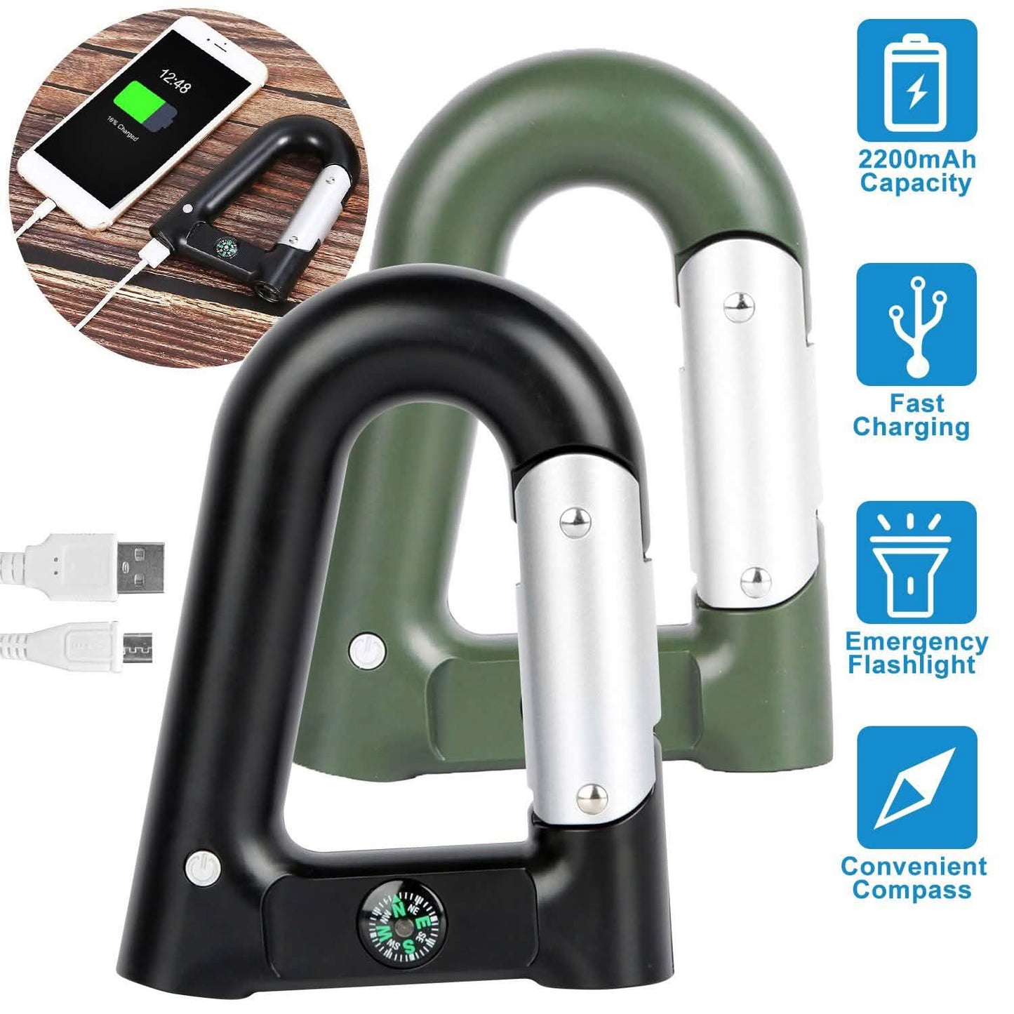2200 mAh Powerbank mit Notfall-Taschenlampe und Kompass im Karabinerhaken-Design
