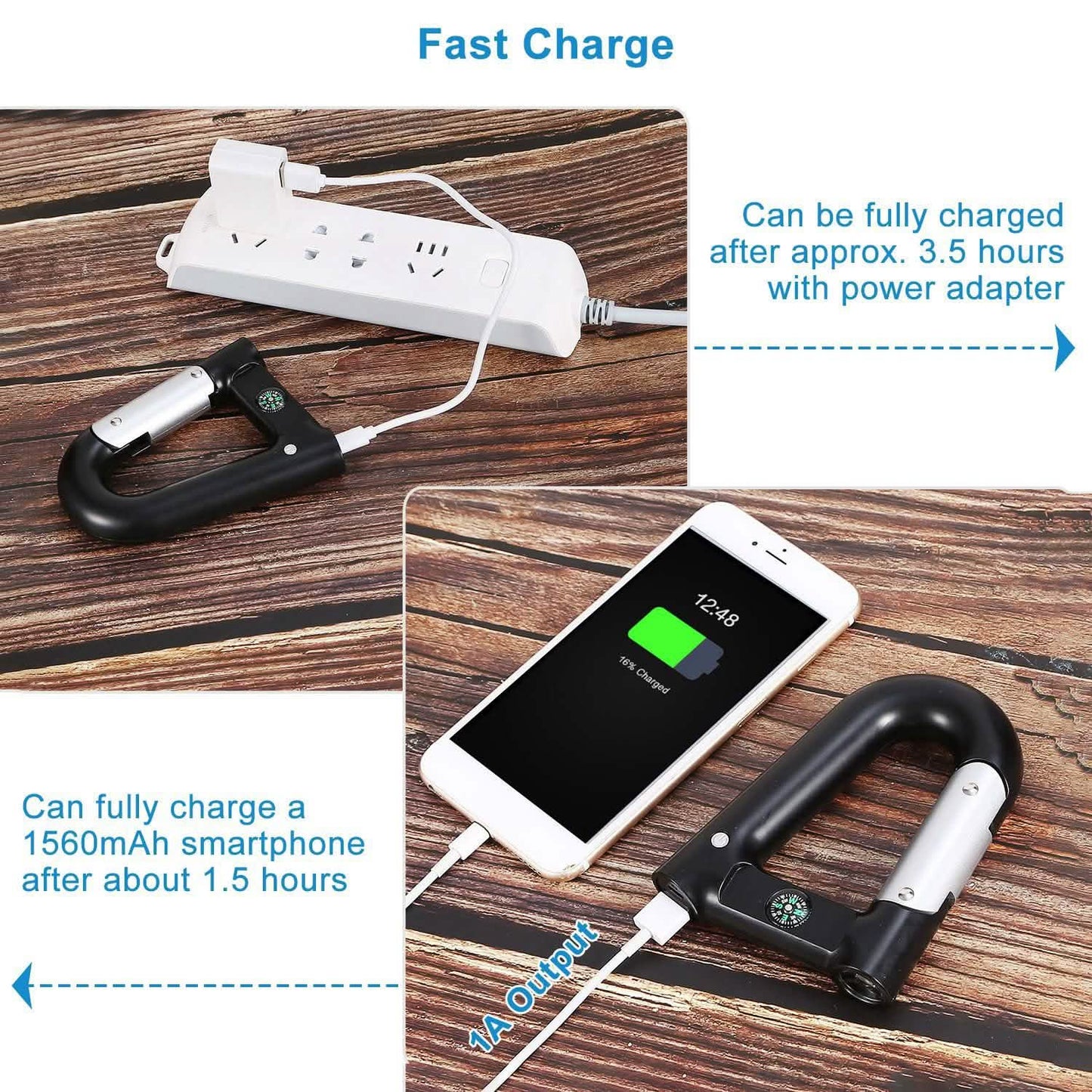 2200 mAh Powerbank mit Notfall-Taschenlampe und Kompass im Karabinerhaken-Design