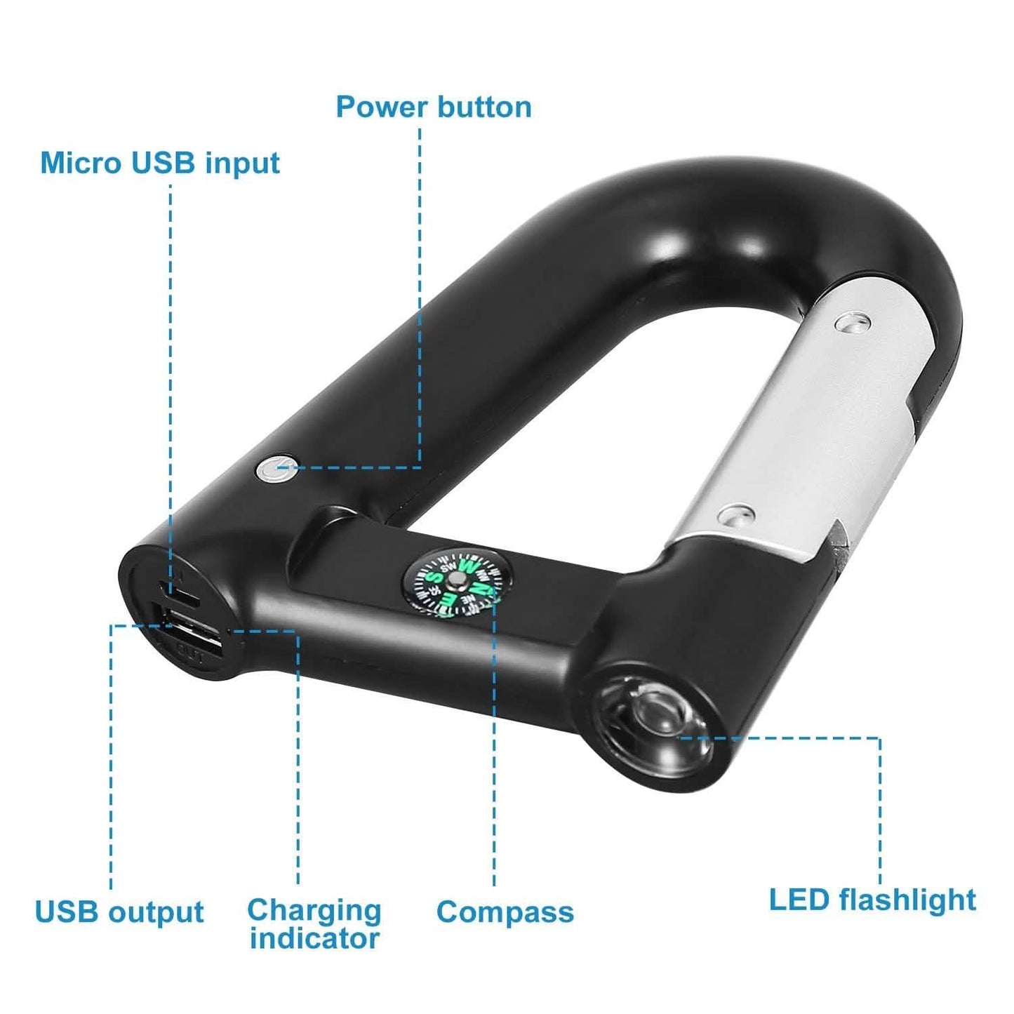 2200 mAh Powerbank mit Notfall-Taschenlampe und Kompass im Karabinerhaken-Design