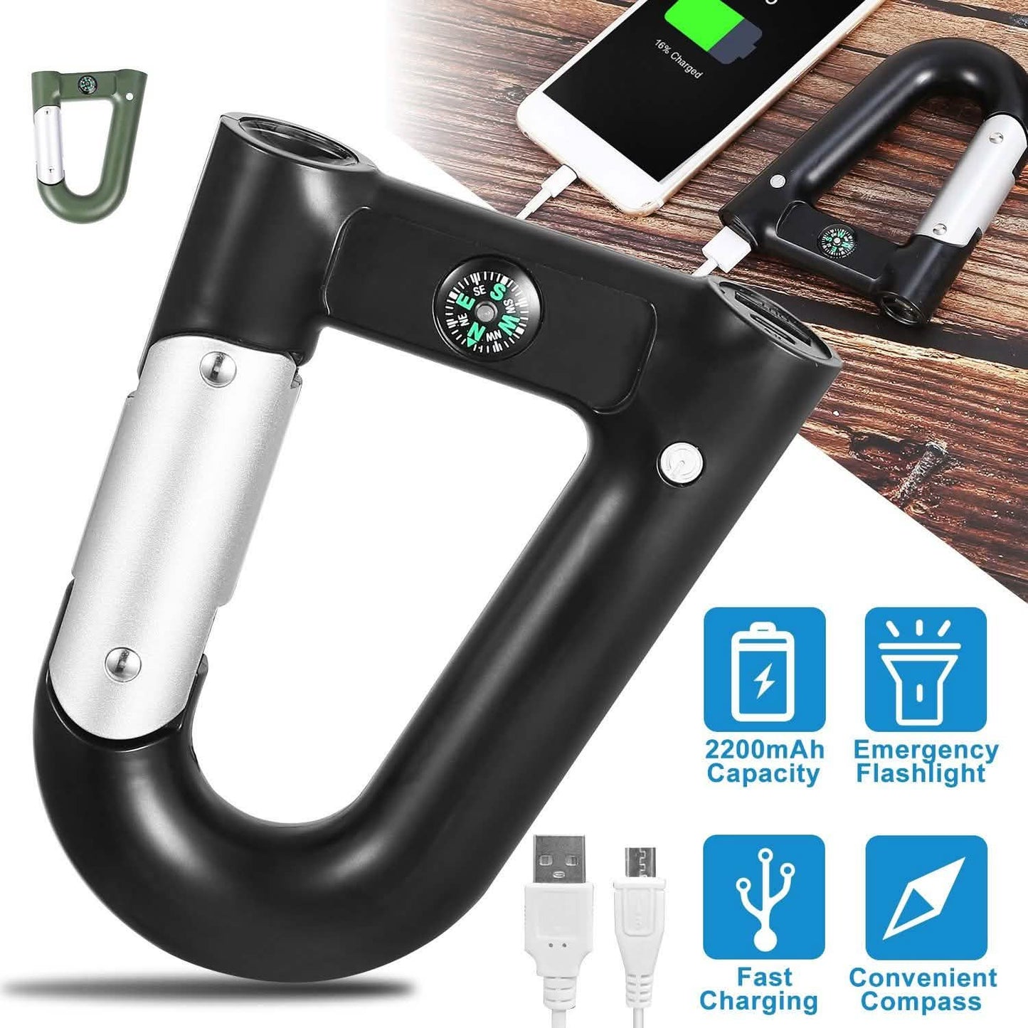 2200 mAh Powerbank mit Notfall-Taschenlampe und Kompass im Karabinerhaken-Design