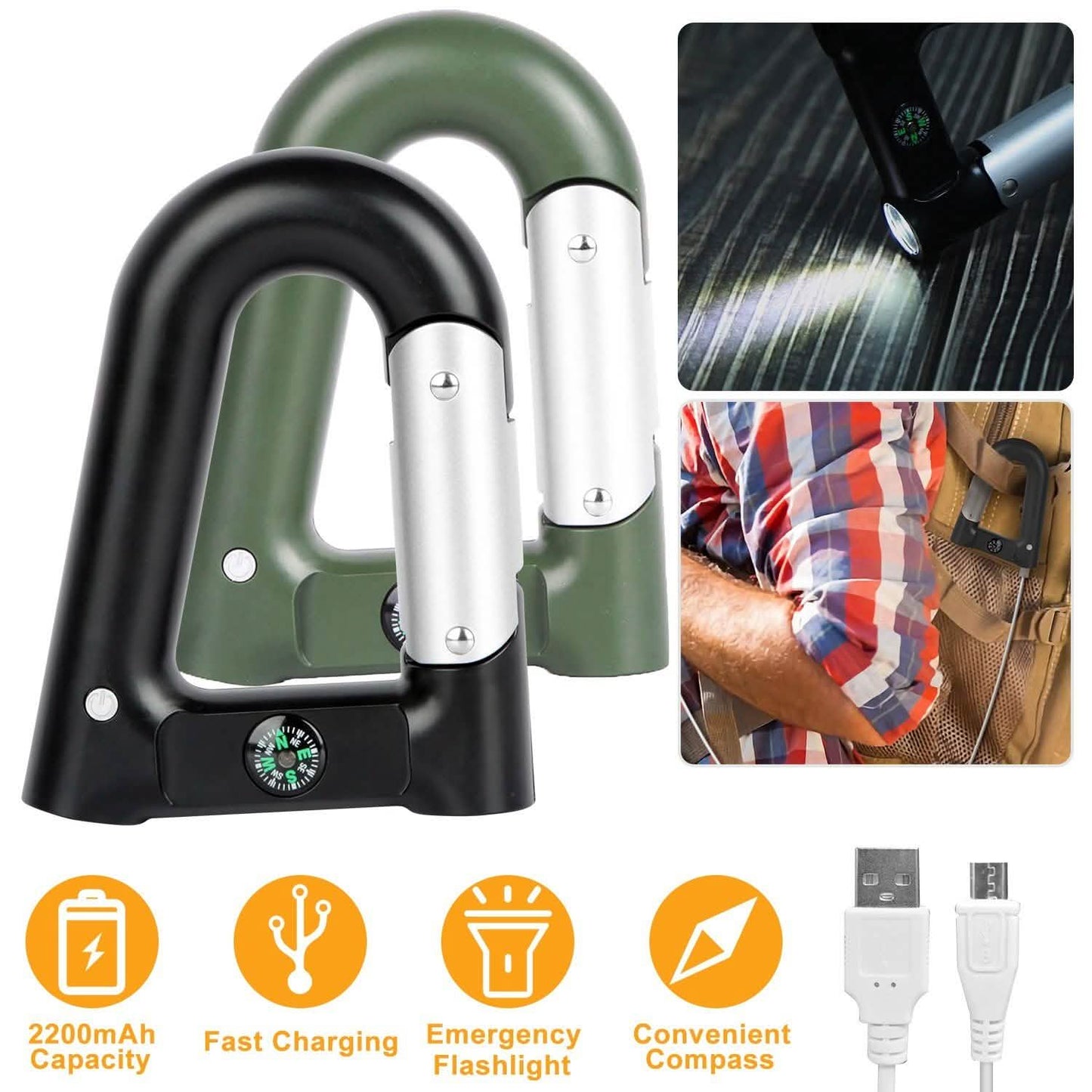 2200 mAh Powerbank mit Notfall-Taschenlampe und Kompass im Karabinerhaken-Design