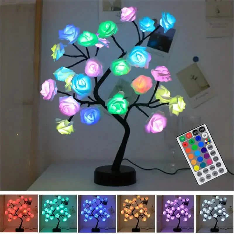 24 LED RGB 16 Farben Rosenbaum Nachtlicht Batterie- und USB-Betriebene Rosenblüten Lichterkette Fernbedienung