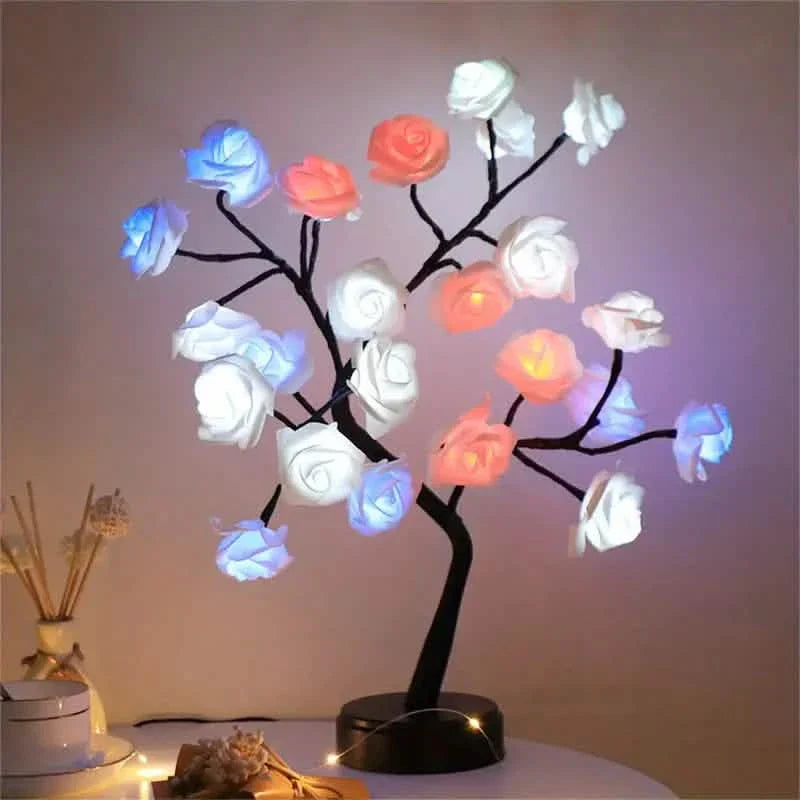 24 LED RGB 16 Farben Rosenbaum Nachtlicht Batterie- und USB-Betriebene Rosenblüten Lichterkette Fernbedienung