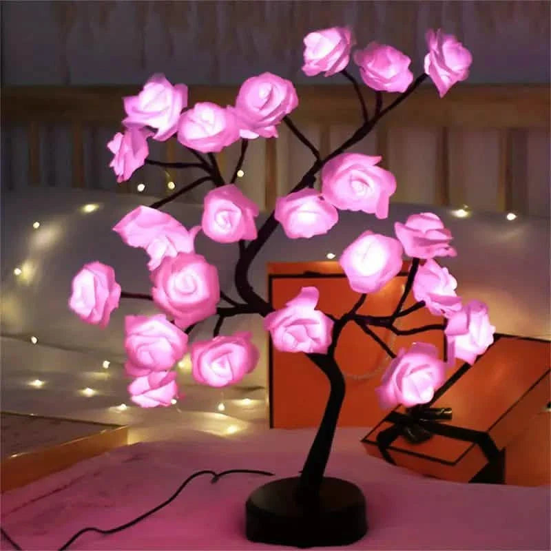 24 LED RGB 16 Farben Rosenbaum Nachtlicht Batterie- und USB-Betriebene Rosenblüten Lichterkette Fernbedienung
