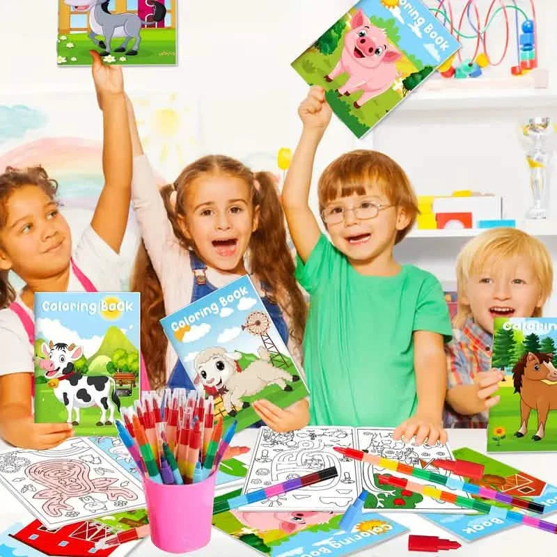 24er-Set: Mini-Malbücher mit 24 stapelbaren Wachsmalstiften, Bauernhof-Motiv
