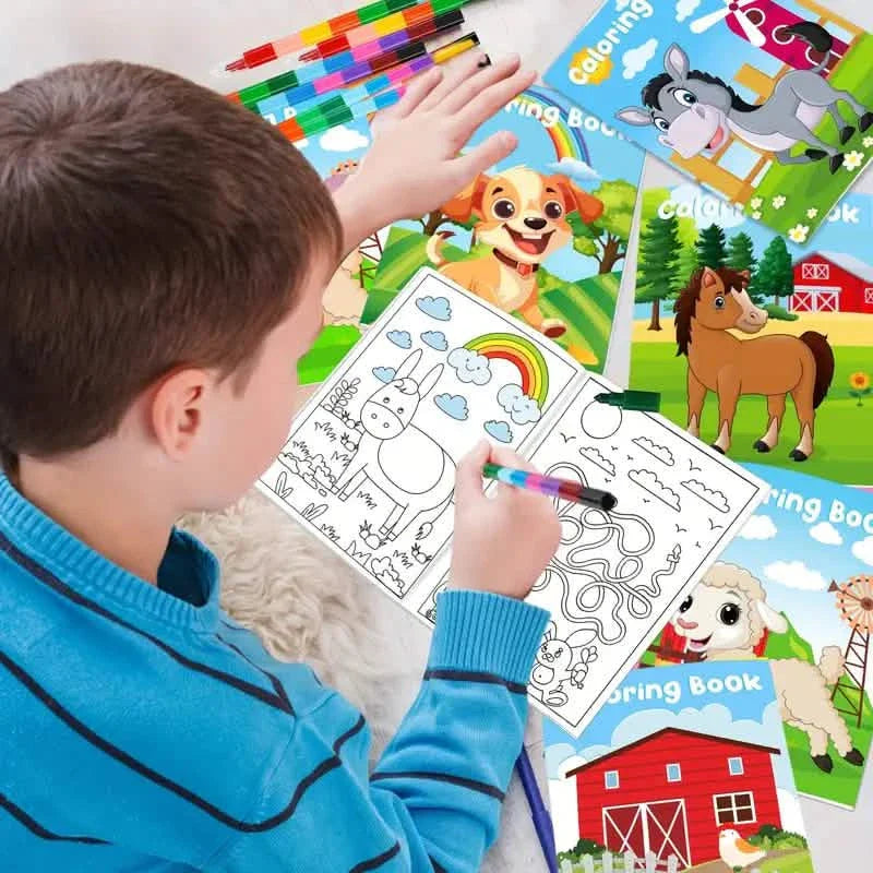 24er-Set: Mini-Malbücher mit 24 stapelbaren Wachsmalstiften, Bauernhof-Motiv