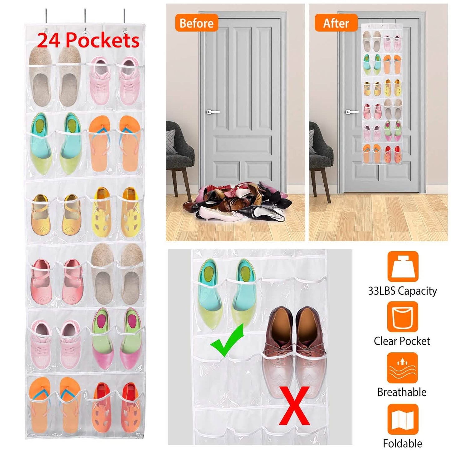 24-Taschen: Über der Tür Schuhregal Glasklarer Organizer