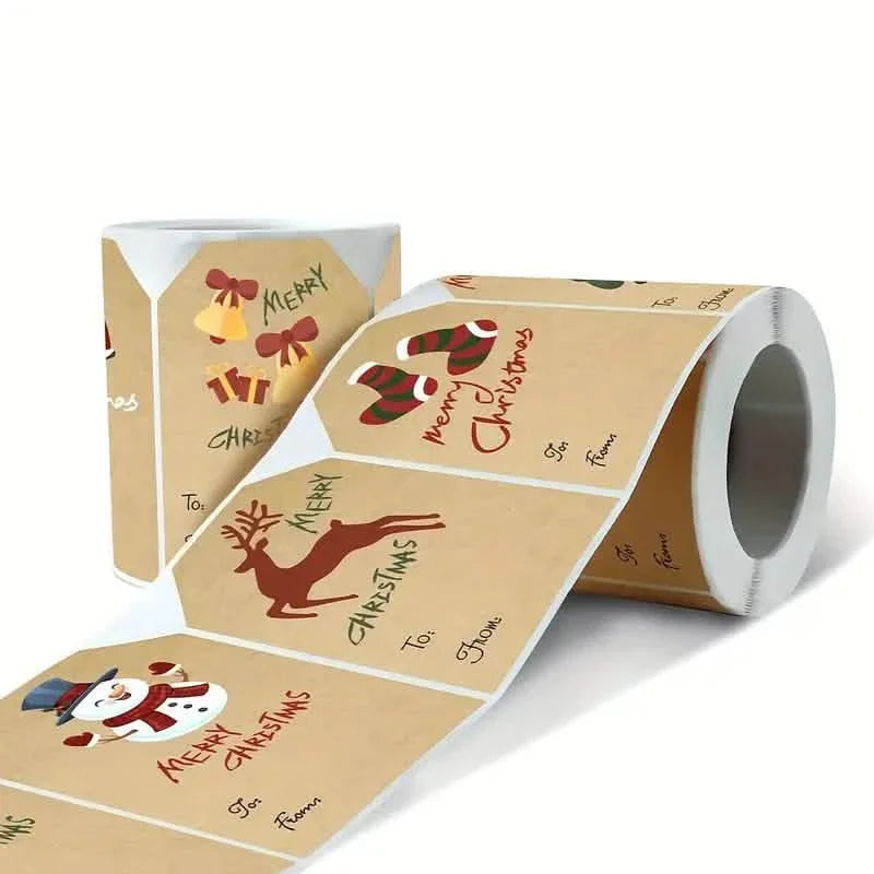 250 Stück/Rolle Weihnachtssticker – 2x3 Kraftpapier Baum Socken Schneemann Elch Frohe Weihnachten