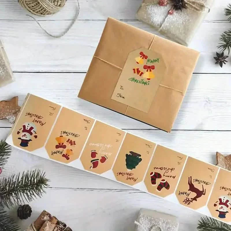 250 Stück/Rolle Weihnachtssticker – 2x3 Kraftpapier Baum Socken Schneemann Elch Frohe Weihnachten