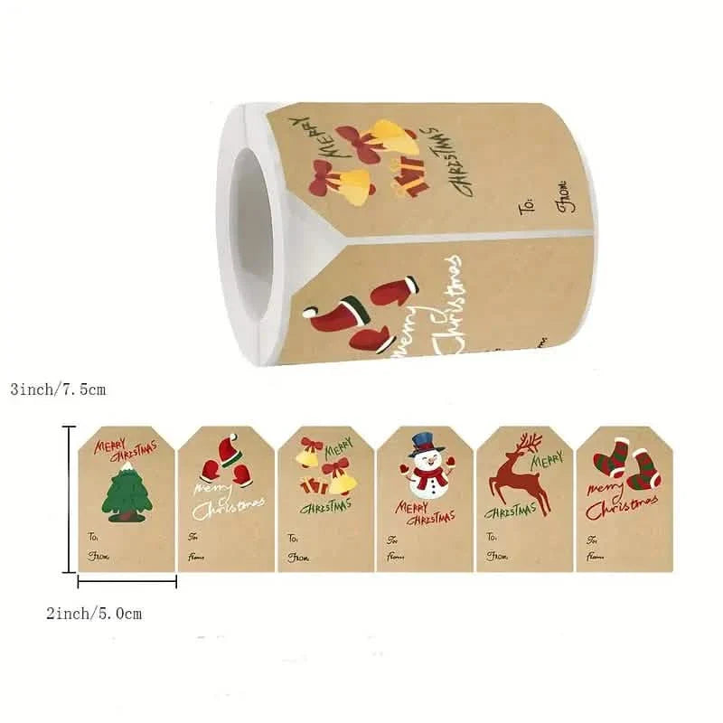 250 Stück/Rolle Weihnachtssticker – 2x3 Kraftpapier Baum Socken Schneemann Elch Frohe Weihnachten