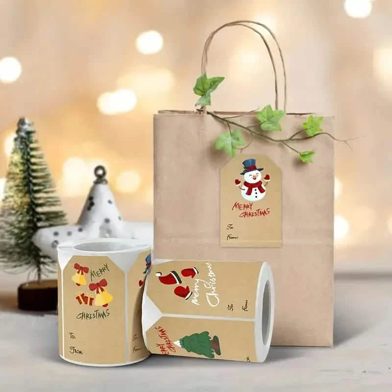 250 Stück/Rolle Weihnachtssticker – 2x3 Kraftpapier Baum Socken Schneemann Elch Frohe Weihnachten